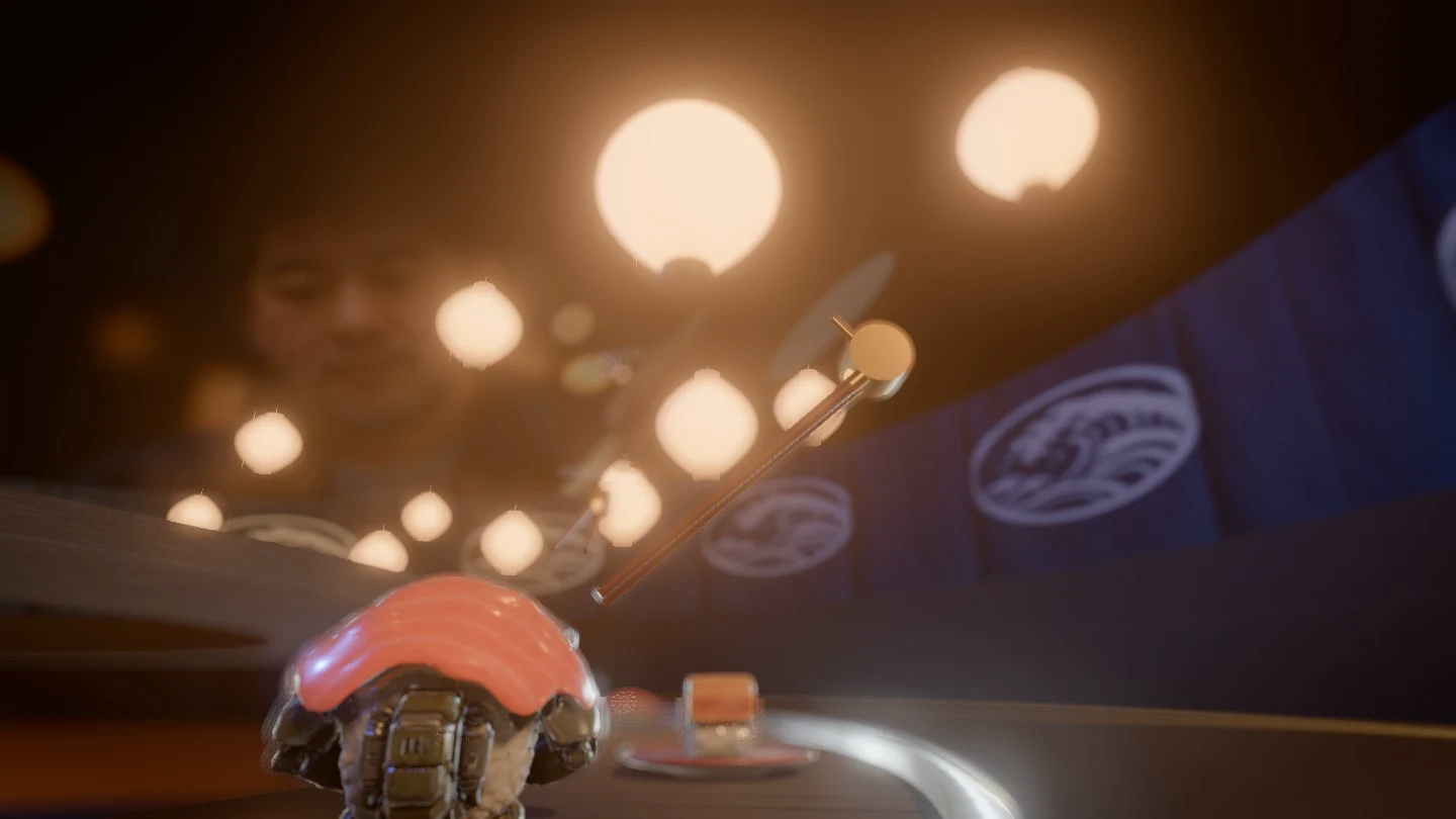 An armoured salmon nigiri on a sushi conveyor belt as a chopstick drone dives in