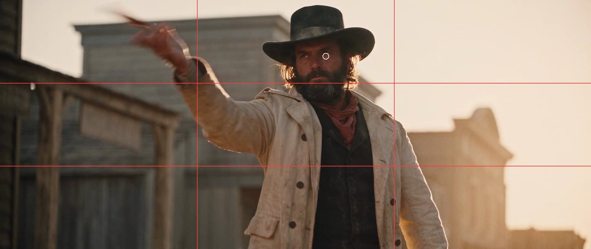 A frame from The Gunfight with rule-of-thirds lines drawn over it