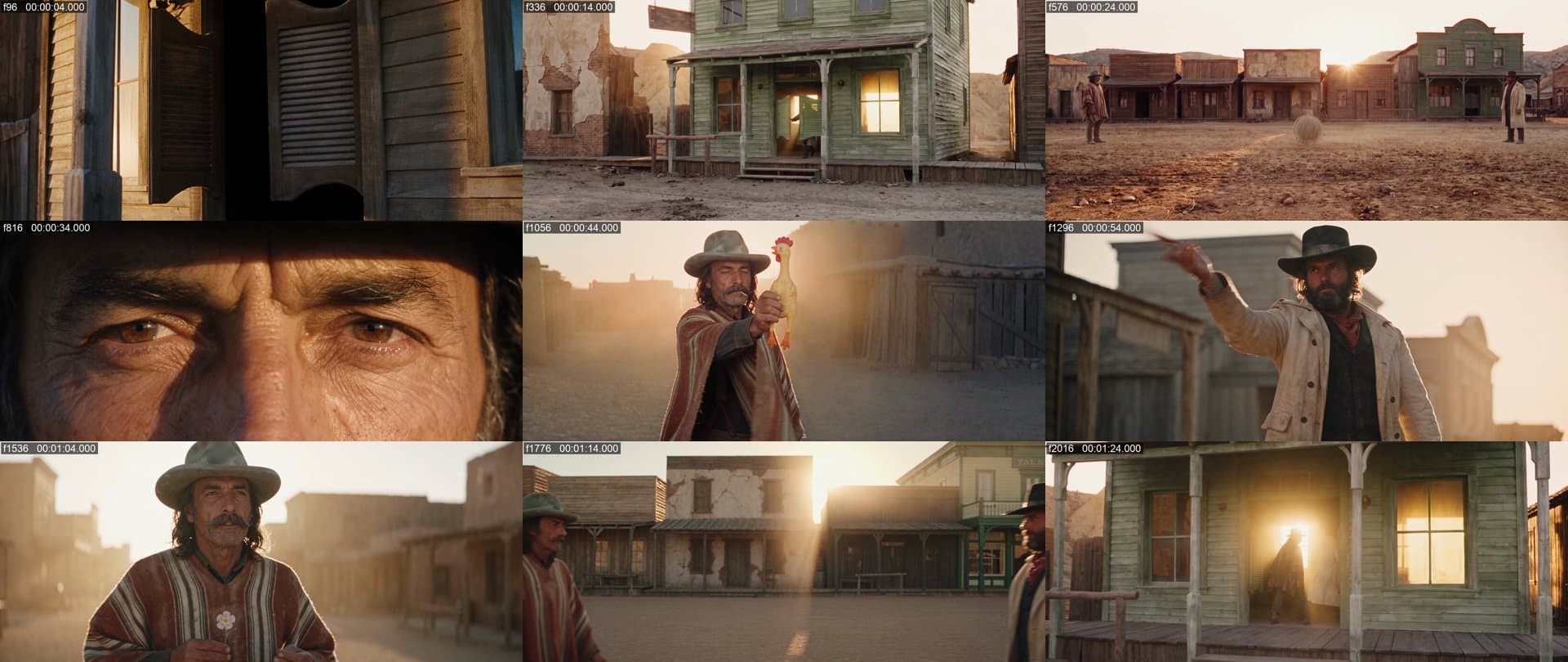 Contact sheet of nine frames from The Gunfight, each labelled with its frame number and timecode
