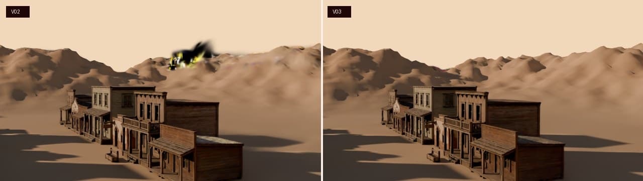 Two renders of the gaussian splat street from the same low angle, before and after the fix