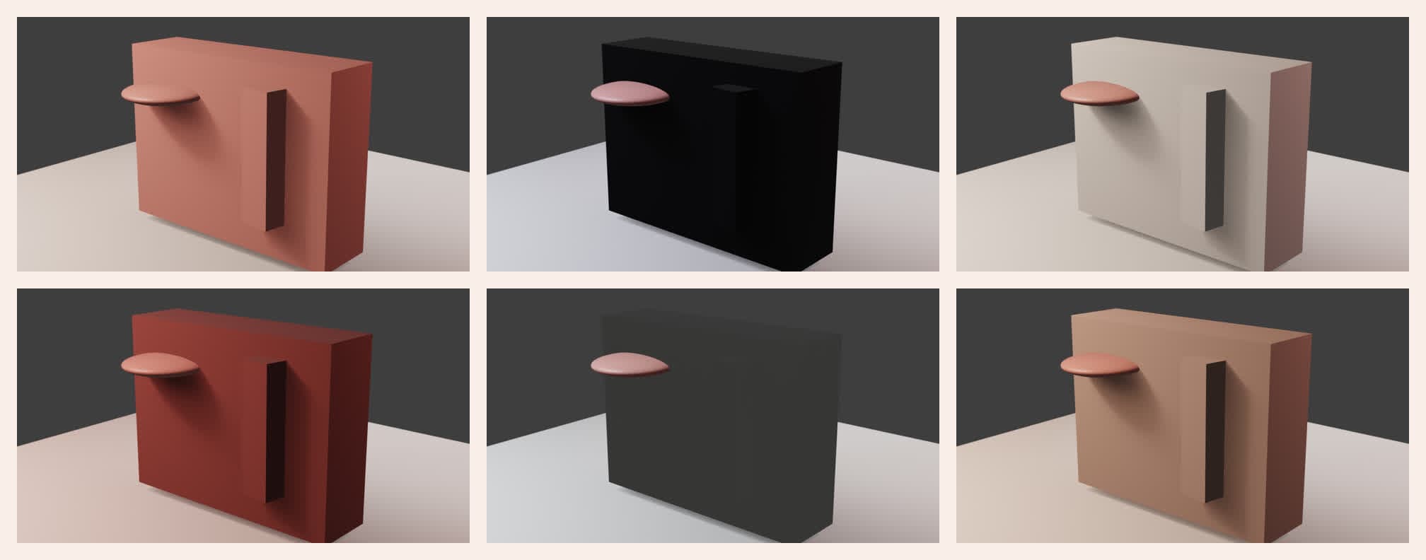 Blender look-dev contact sheet with six material and lighting variants