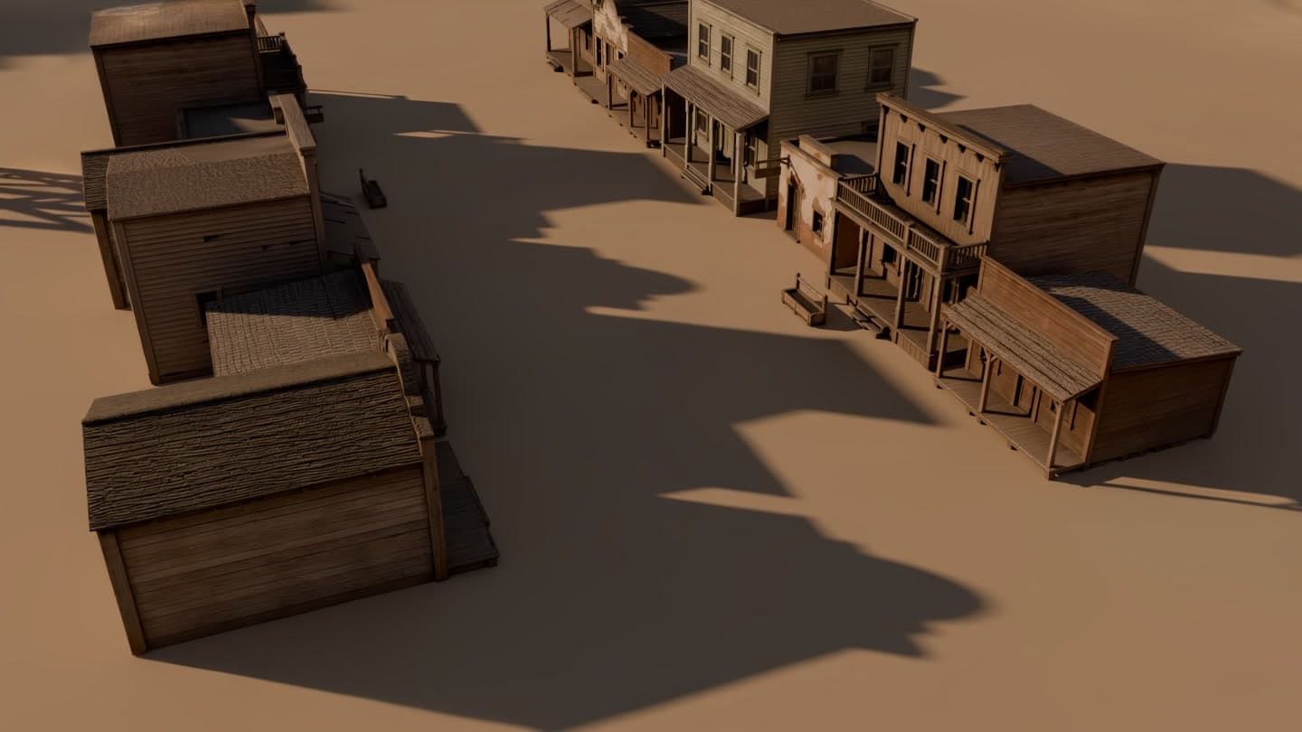 The rebuilt gunfight main street as a gaussian splat at golden hour